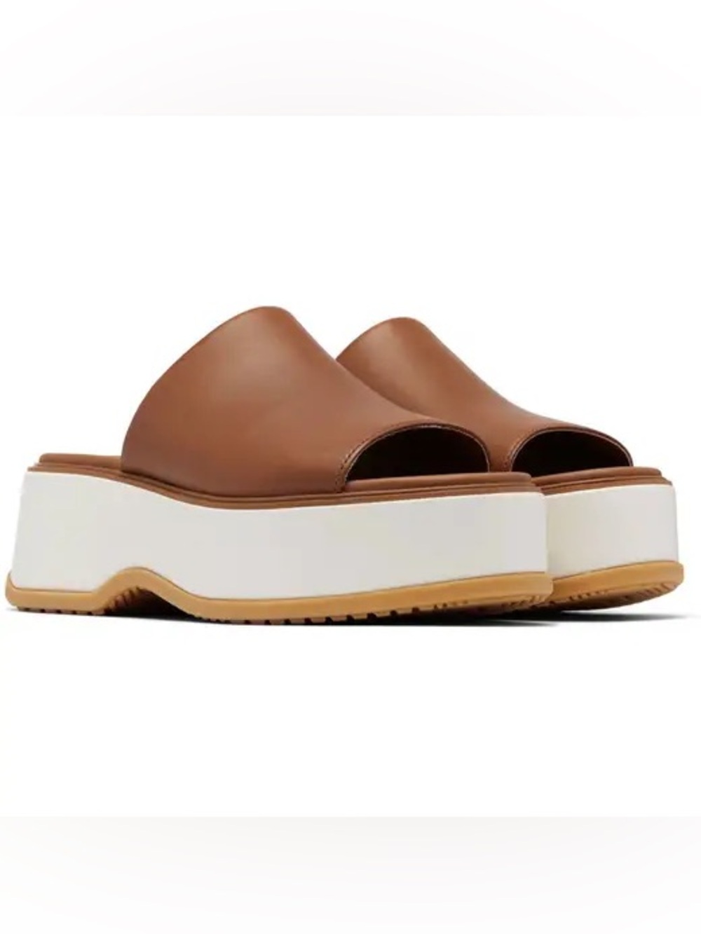 Sorel Tan Leather Platform Slide Mules with White Sole